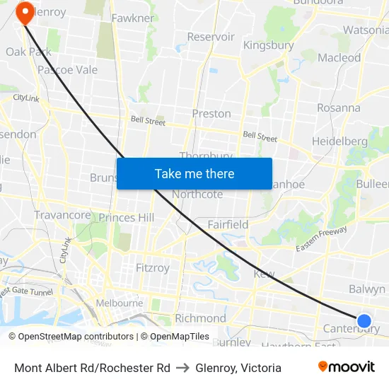 Mont Albert Rd/Rochester Rd to Glenroy, Victoria map