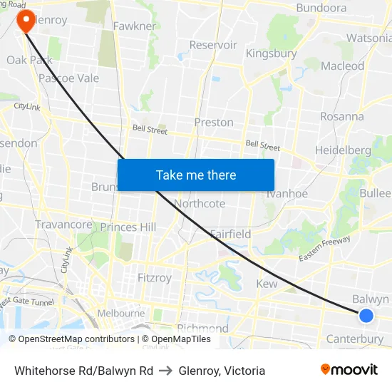 Whitehorse Rd/Balwyn Rd to Glenroy, Victoria map