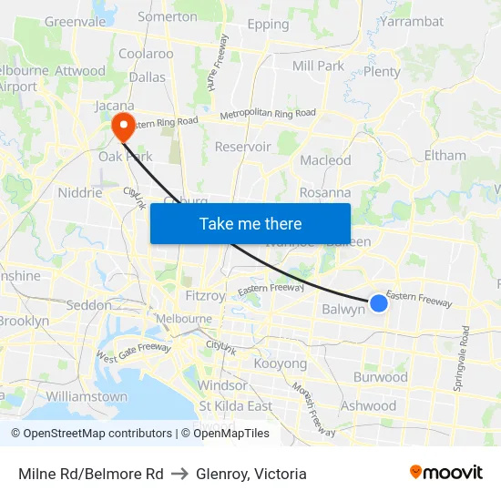 Milne Rd/Belmore Rd to Glenroy, Victoria map
