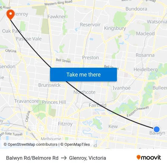 Balwyn Rd/Belmore Rd to Glenroy, Victoria map