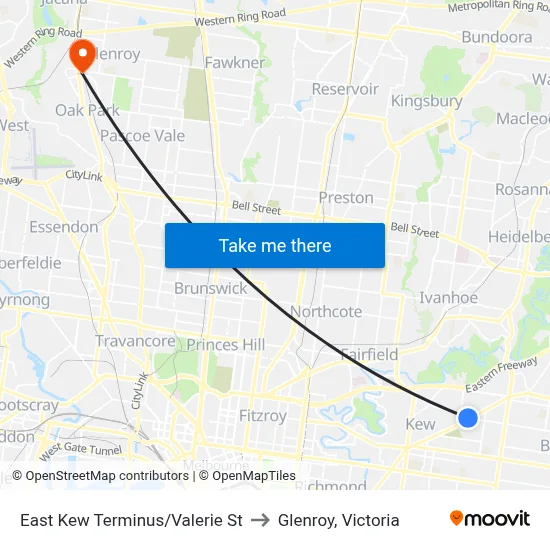 East Kew Terminus/Valerie St to Glenroy, Victoria map