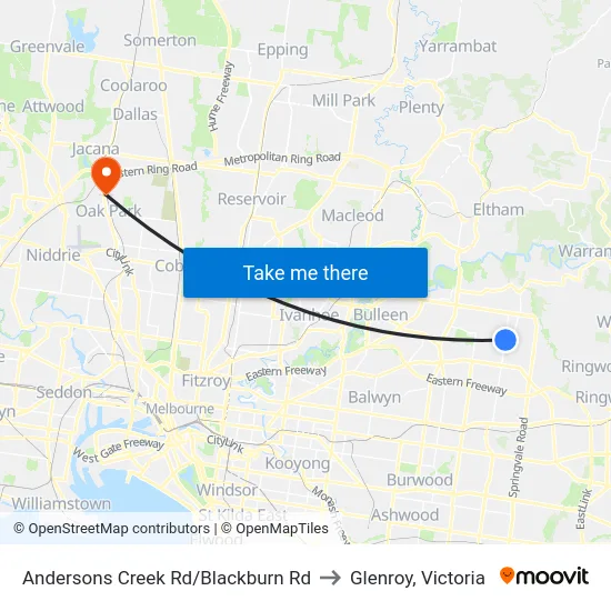 Andersons Creek Rd/Blackburn Rd to Glenroy, Victoria map