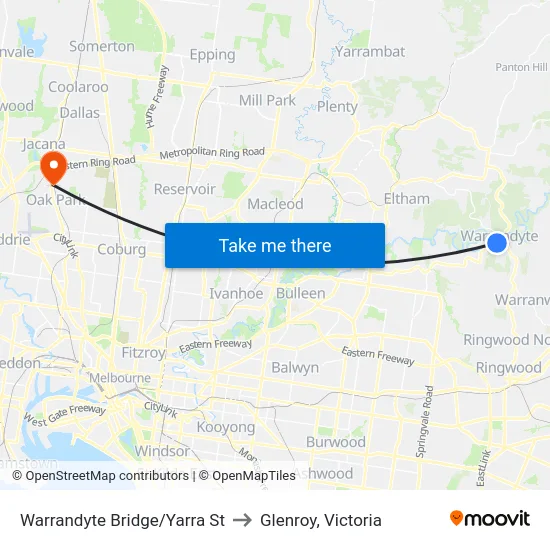 Warrandyte Bridge/Yarra St to Glenroy, Victoria map