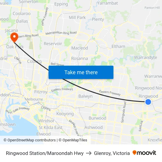 Ringwood Station/Maroondah Hwy to Glenroy, Victoria map