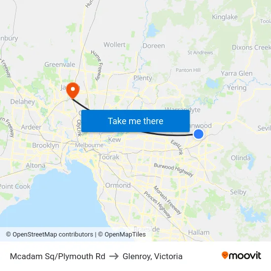 Mcadam Sq/Plymouth Rd to Glenroy, Victoria map