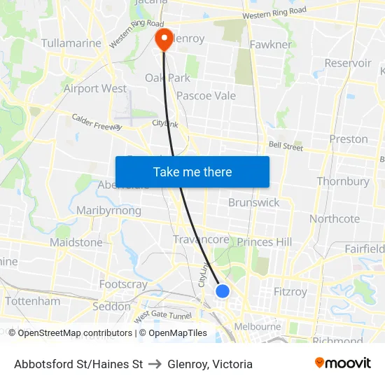 Abbotsford St/Haines St to Glenroy, Victoria map