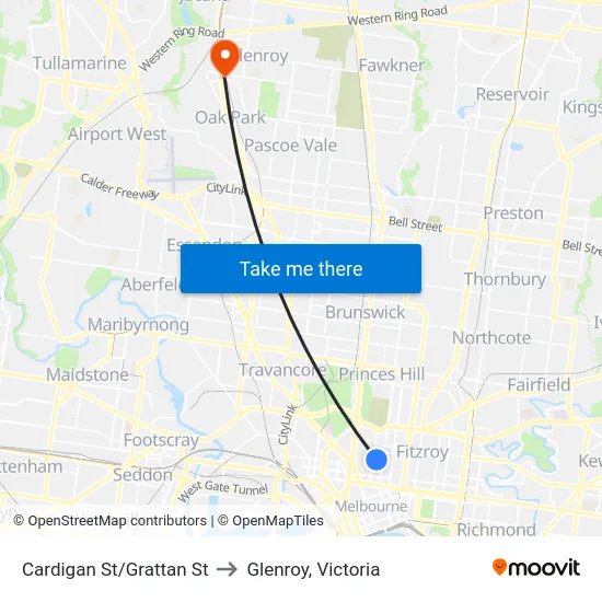 Cardigan St/Grattan St to Glenroy, Victoria map