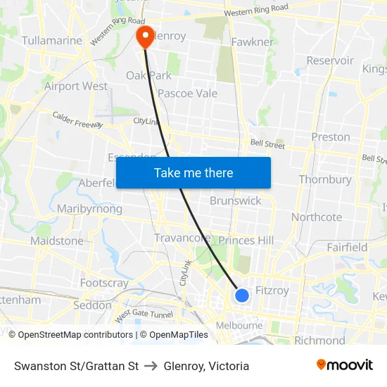 Swanston St/Grattan St to Glenroy, Victoria map