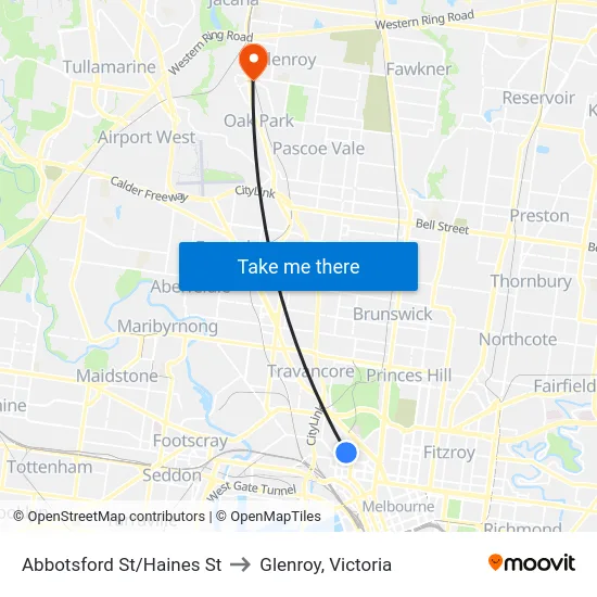 Abbotsford St/Haines St to Glenroy, Victoria map