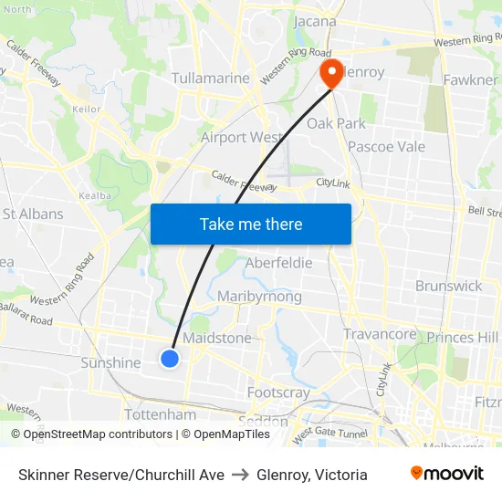 Skinner Reserve/Churchill Ave to Glenroy, Victoria map