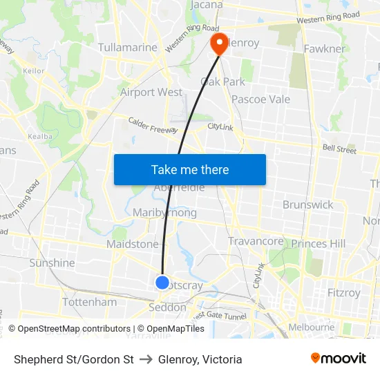 Shepherd St/Gordon St to Glenroy, Victoria map