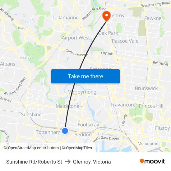 Sunshine Rd/Roberts St to Glenroy, Victoria map