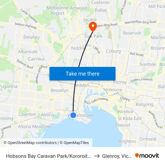 Hobsons Bay Caravan Park/Kororoit Creek Rd to Glenroy, Victoria map