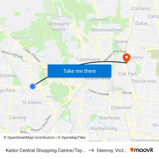 Keilor Central Shopping Centre/Taylors Rd to Glenroy, Victoria map