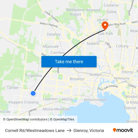 Cornell Rd/Westmeadows Lane to Glenroy, Victoria map
