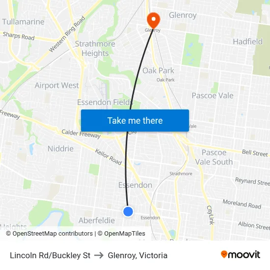 Lincoln Rd/Buckley St to Glenroy, Victoria map