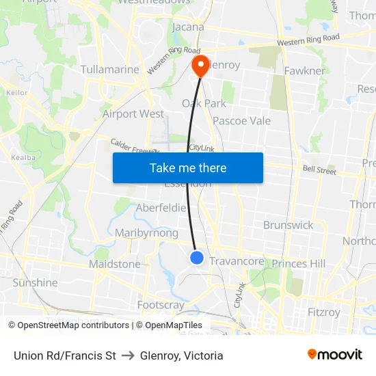Union Rd/Francis St to Glenroy, Victoria map