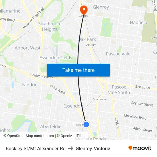 Buckley St/Mt Alexander Rd to Glenroy, Victoria map