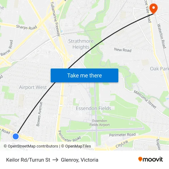 Keilor Rd/Turrun St to Glenroy, Victoria map