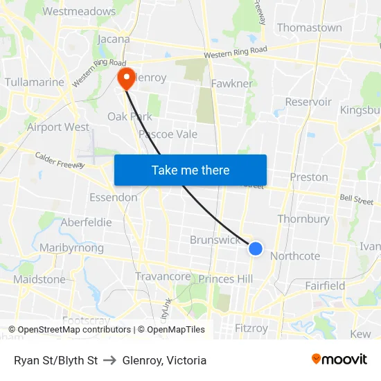 Ryan St/Blyth St to Glenroy, Victoria map