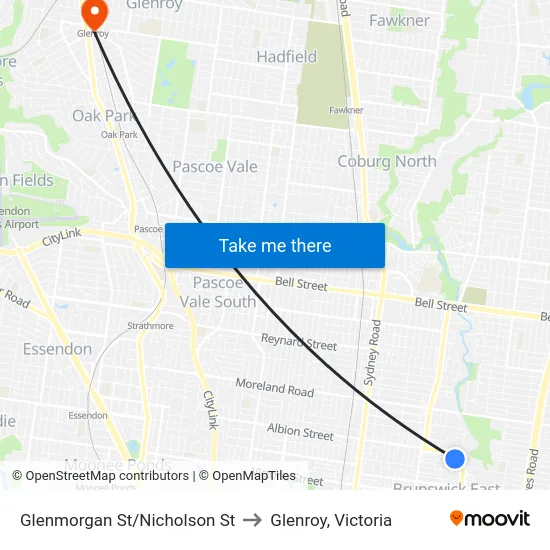Glenmorgan St/Nicholson St to Glenroy, Victoria map