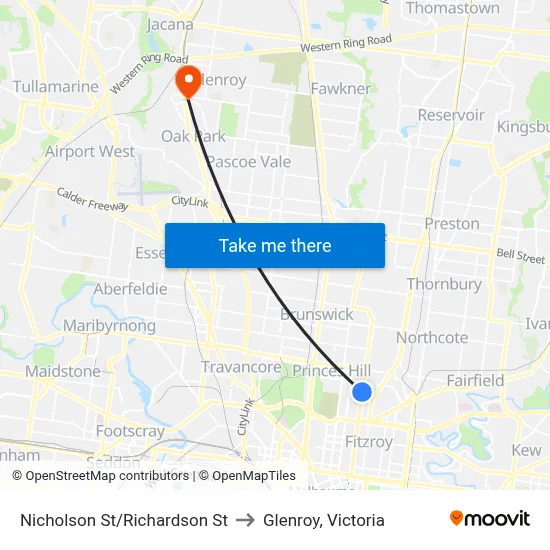 Nicholson St/Richardson St to Glenroy, Victoria map
