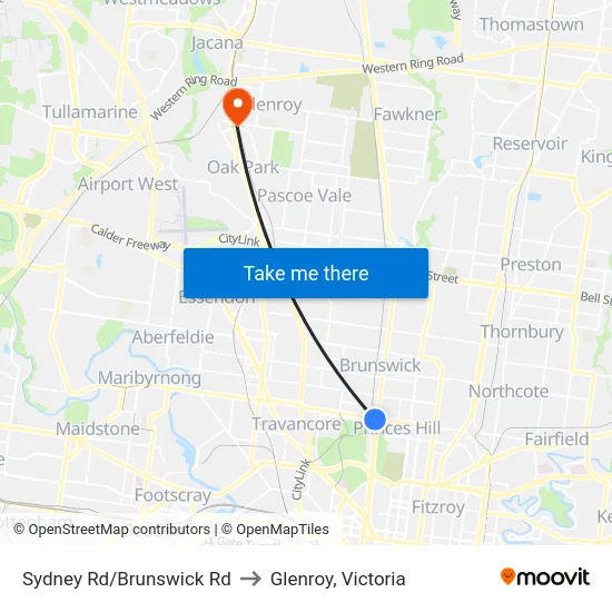 Sydney Rd/Brunswick Rd to Glenroy, Victoria map