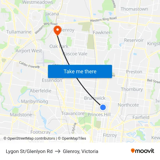 Lygon St/Glenlyon Rd to Glenroy, Victoria map