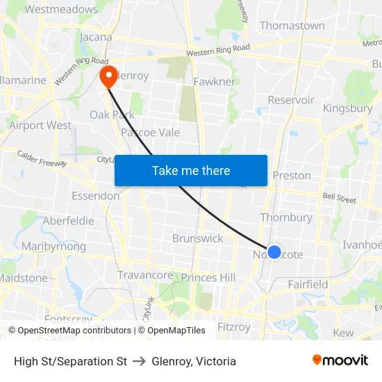High St/Separation St to Glenroy, Victoria map