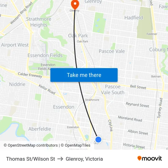 Thomas St/Wilson St to Glenroy, Victoria map