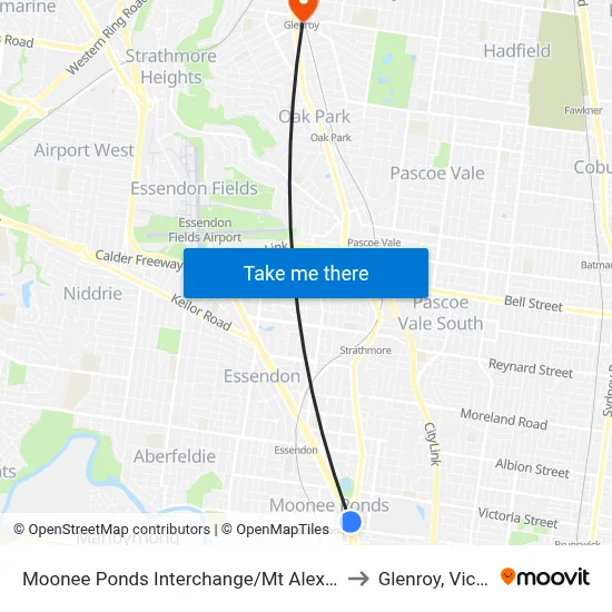 Moonee Ponds Interchange/Mt Alexander Rd to Glenroy, Victoria map
