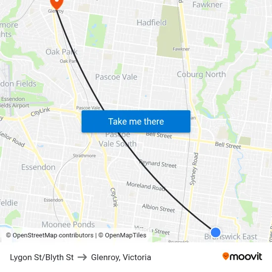 Lygon St/Blyth St to Glenroy, Victoria map