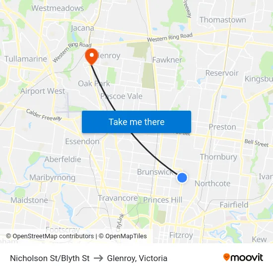 Nicholson St/Blyth St to Glenroy, Victoria map