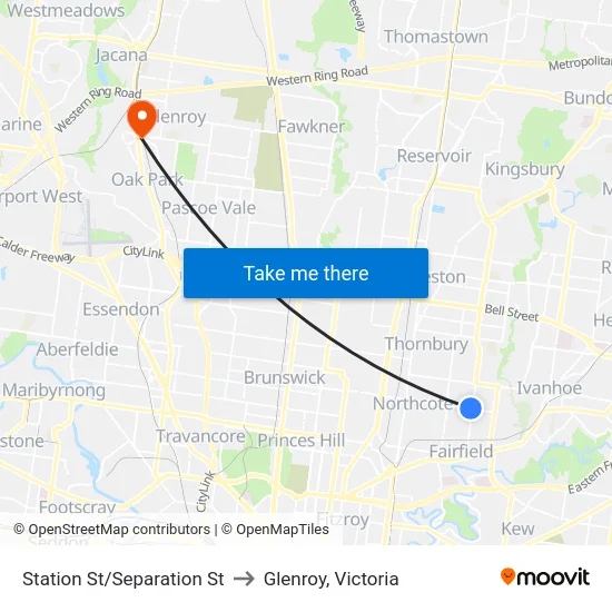 Station St/Separation St to Glenroy, Victoria map