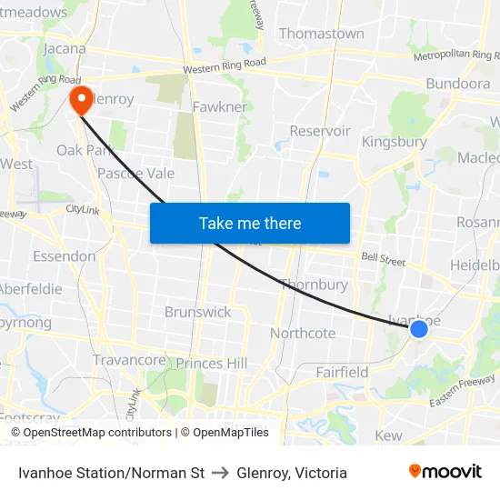 Ivanhoe Station/Norman St to Glenroy, Victoria map