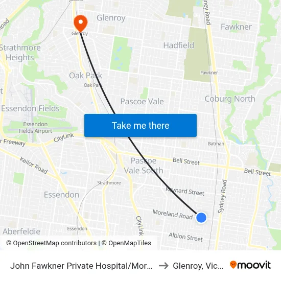 John Fawkner Private Hospital/Moreland Rd to Glenroy, Victoria map