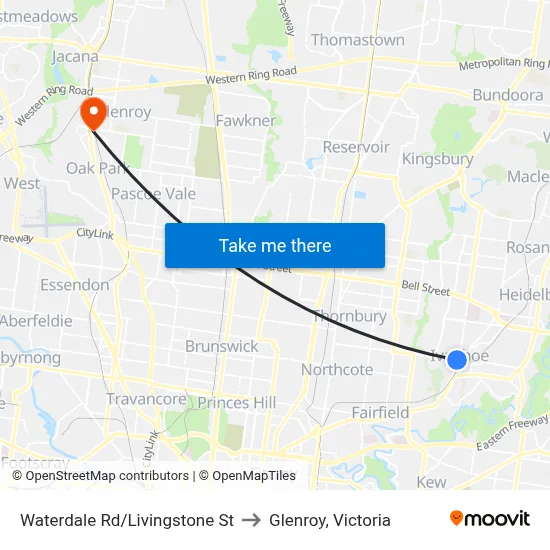 Waterdale Rd/Livingstone St to Glenroy, Victoria map