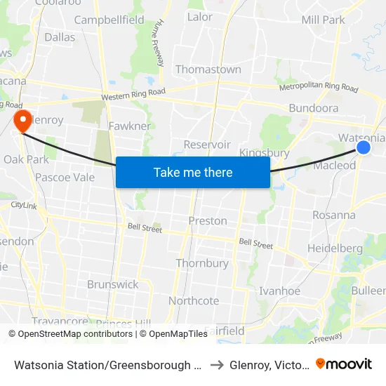 Watsonia Station/Greensborough Hwy to Glenroy, Victoria map
