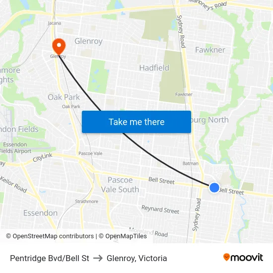Pentridge Bvd/Bell St to Glenroy, Victoria map