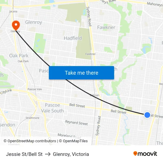 Jessie St/Bell St to Glenroy, Victoria map