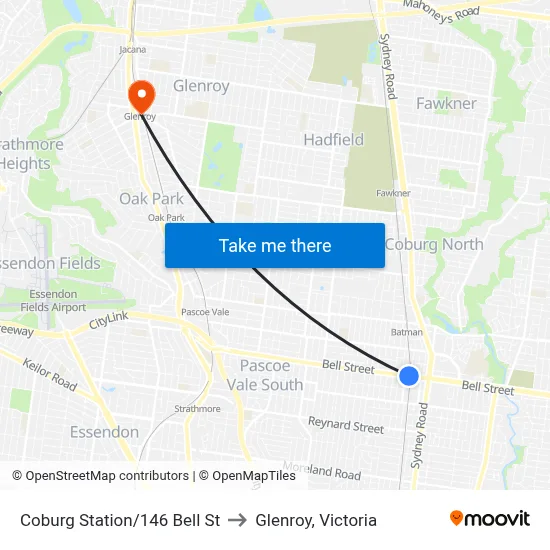 Coburg Station/146 Bell St to Glenroy, Victoria map