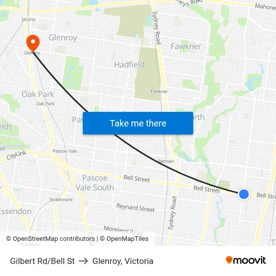 Gilbert Rd/Bell St to Glenroy, Victoria map