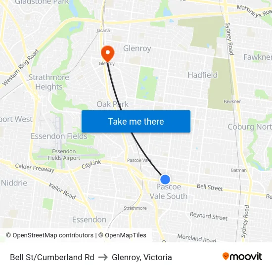 Bell St/Cumberland Rd to Glenroy, Victoria map