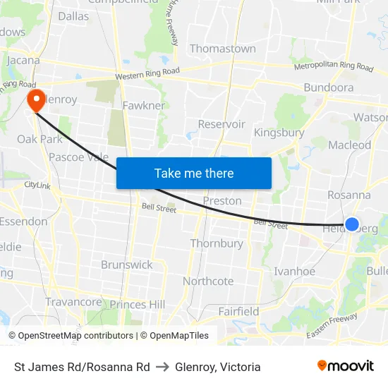 St James Rd/Rosanna Rd to Glenroy, Victoria map