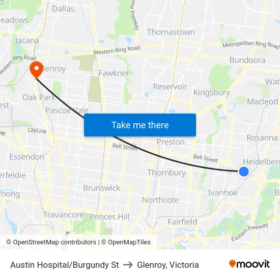 Austin Hospital/Burgundy St to Glenroy, Victoria map
