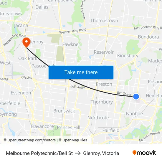 Melbourne Polytechnic/Bell St to Glenroy, Victoria map