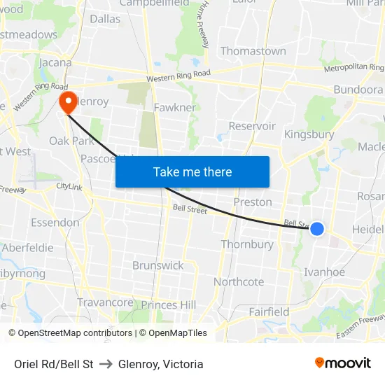 Oriel Rd/Bell St to Glenroy, Victoria map