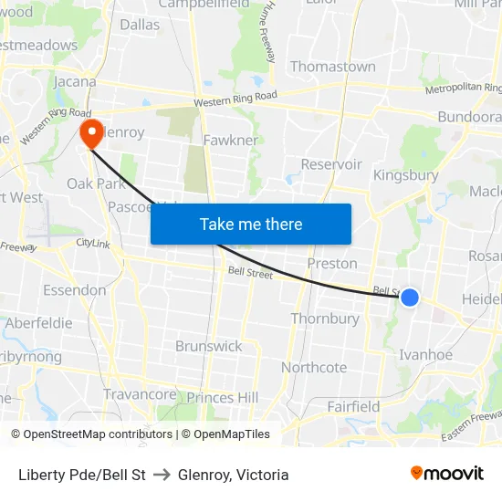 Liberty Pde/Bell St to Glenroy, Victoria map