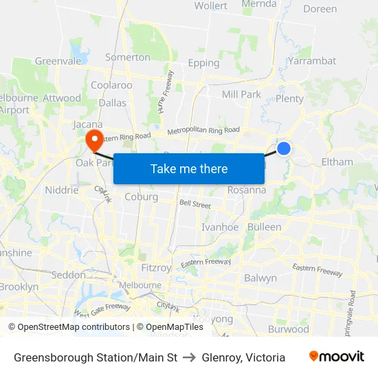Greensborough Station/Main St to Glenroy, Victoria map