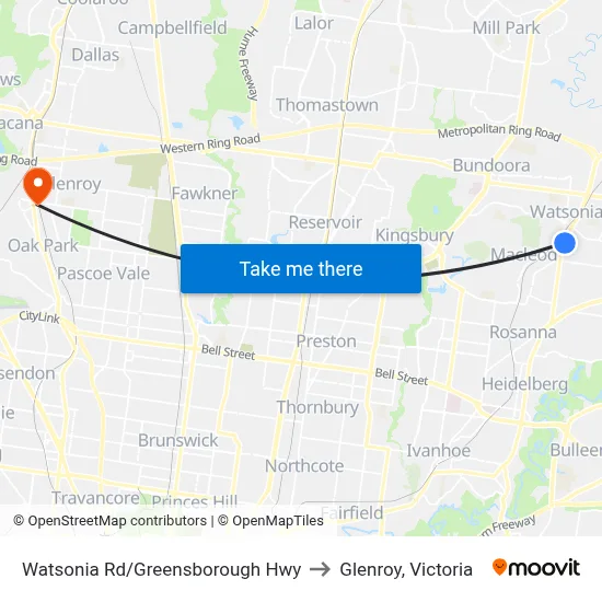 Watsonia Rd/Greensborough Hwy to Glenroy, Victoria map